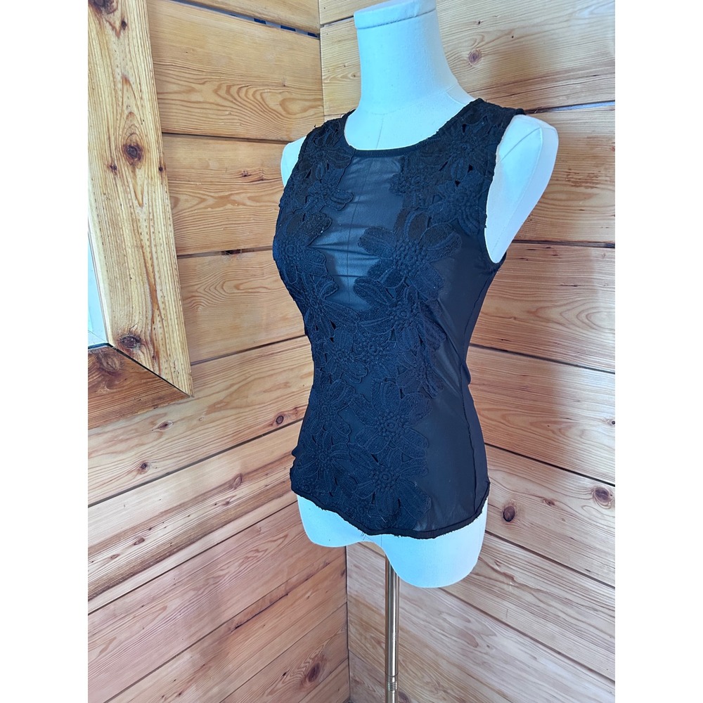 Floral Applique Sheer Mesh Top Womens Medium Black Goth Festival Haute Monde Emo